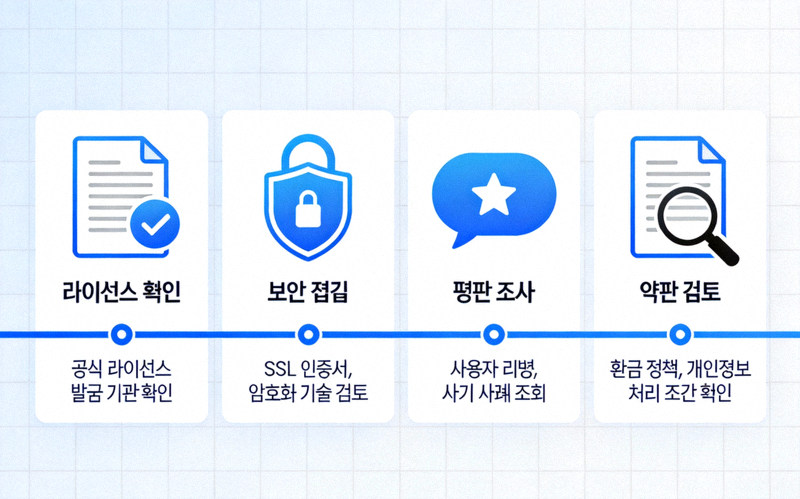 안전한 온라인 배팅 사이트를 검증하는 네 가지 단계를 시각적으로 표현한 다이어그램 - 라이선스 확인, 보안 점검, 평판 조사, 약관 검토