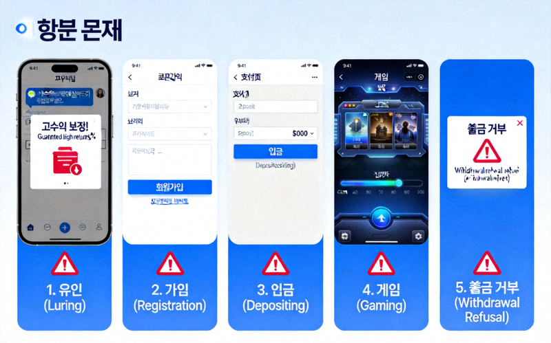 온라인 먹튀 사기의 일반적인 패턴과 진행 단계를 보여주는 인포그래픽 - 유인, 가입, 입금, 게임, 출금 거부 등의 단계별 설명